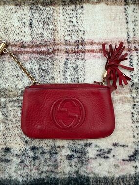 Gucci Red Leather Wristlet with Tassel and Gold Chain